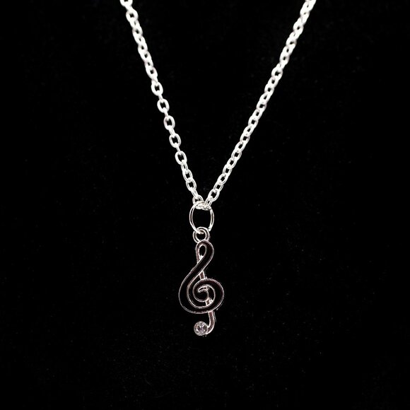 Handmade Silvertone & Black Enamel Treble Clef Music Note Necklace - Picture 1 of 2